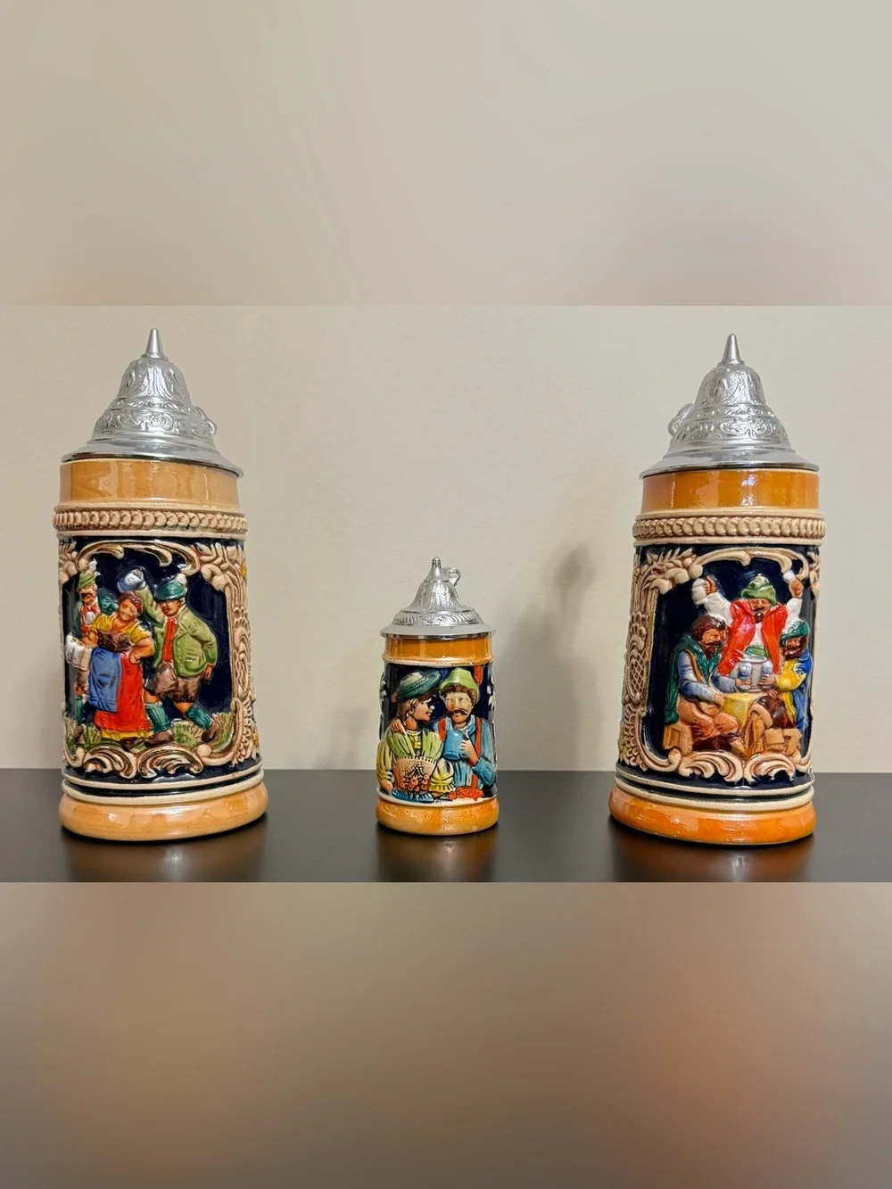 Set of 3 Vintage Small Mini Gerz? Beer Steins West Germany 4” 7” with Lids